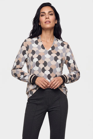 Olsen Geometric Print Long Sleeved Top Beige Grey - MMJs Fashion