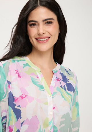 Olsen Leaf Print 3/4 Sleeves Blouse Turquoise Pink - MMJs Fashion