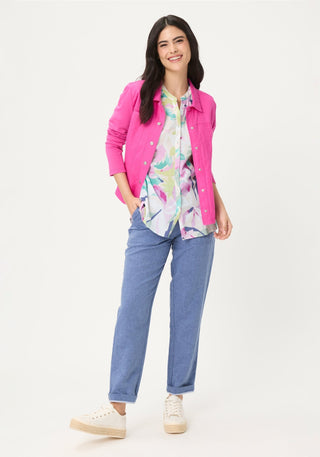 Olsen Leaf Print 3/4 Sleeves Blouse Turquoise Pink - MMJs Fashion