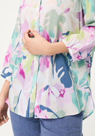 Olsen Leaf Print 3/4 Sleeves Blouse Turquoise Pink - MMJs Fashion