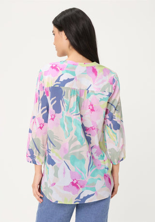 Olsen Leaf Print 3/4 Sleeves Blouse Turquoise Pink - MMJs Fashion