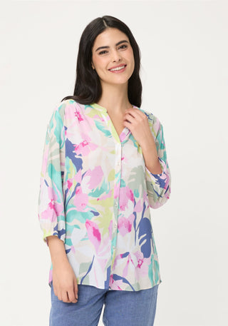 Olsen Leaf Print 3/4 Sleeves Blouse Turquoise Pink - MMJs Fashion