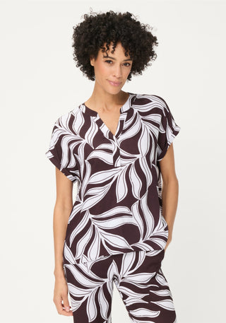 Olsen Leaf Print Short Sleeves Blouse Brown White - MMJs Fashion