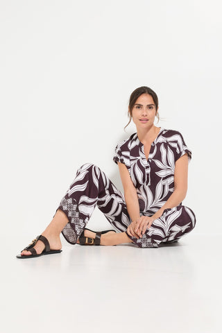 Olsen Leaf Print Short Sleeves Blouse Brown White - MMJs Fashion