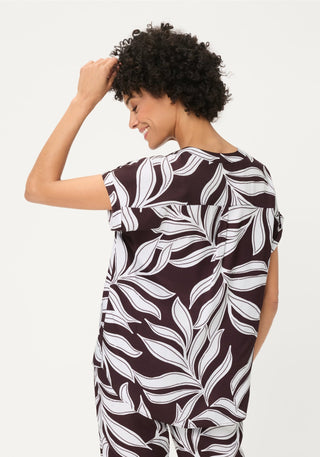 Olsen Leaf Print Short Sleeves Blouse Brown White - MMJs Fashion