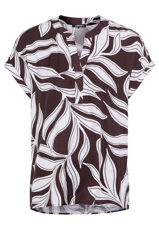 Olsen Leaf Print Short Sleeves Blouse Brown White - MMJs Fashion