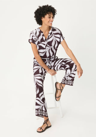 Olsen Leaf Print Short Sleeves Blouse Brown White - MMJs Fashion