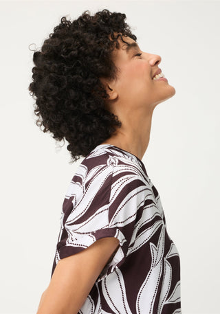 Olsen Leaf Print Short Sleeves Blouse Brown White - MMJs Fashion