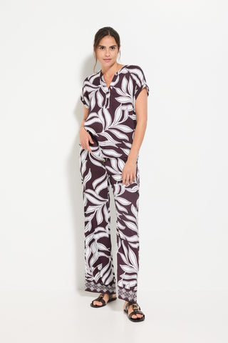 Olsen Leaf Print Short Sleeves Blouse Brown White - MMJs Fashion