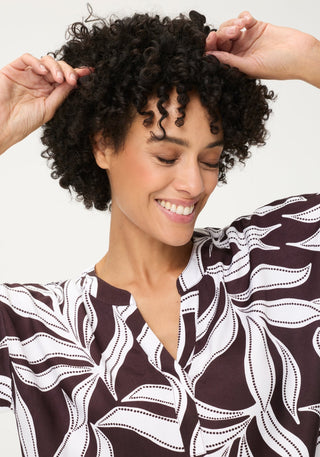 Olsen Leaf Print Short Sleeves Blouse Brown White - MMJs Fashion