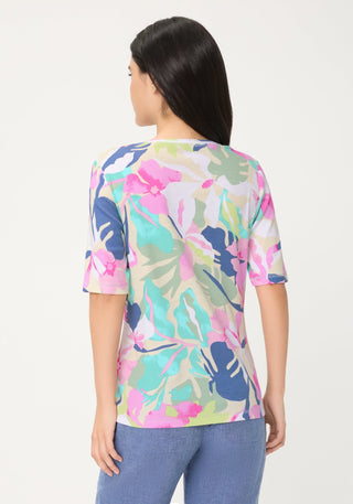 Olsen Leaf Print Top Turquoise Pink Edda - MMJs Fashion