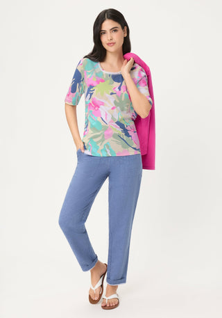 Olsen Leaf Print Top Turquoise Pink Edda - MMJs Fashion