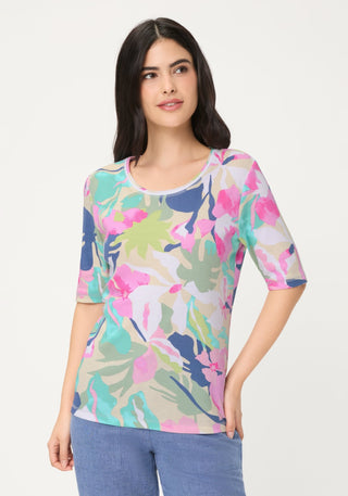 Olsen Leaf Print Top Turquoise Pink Edda - MMJs Fashion