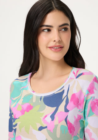 Olsen Leaf Print Top Turquoise Pink Edda - MMJs Fashion