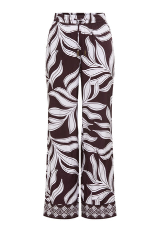 Olsen Leaf Print Trousers Brown White Anna Wide - MMJs Fashion