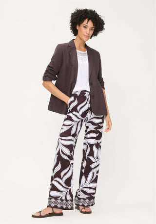 Olsen Leaf Print Trousers Brown White Anna Wide - MMJs Fashion