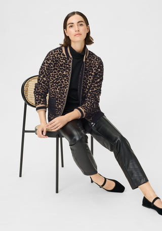 Olsen Leopard Print Zipped Cardigan Black Beige Henny - MMJs Fashion