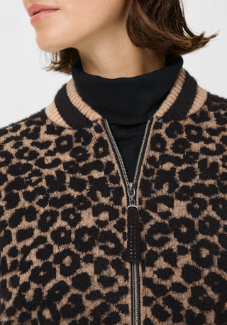 Olsen Leopard Print Zipped Cardigan Black Beige Henny - MMJs Fashion