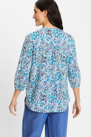 Olsen Patterned Collarless Blouse Aqua Blue - MMJs Fashion