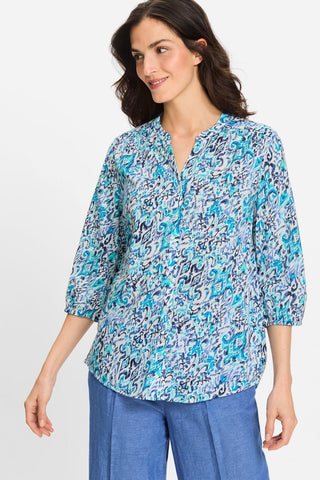 Olsen Patterned Collarless Blouse Aqua Blue - MMJs Fashion