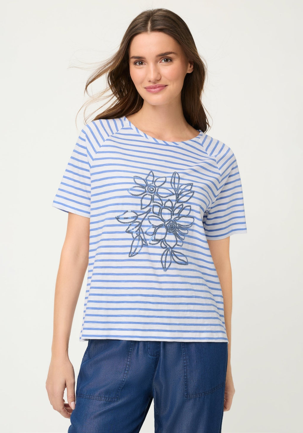 Olsen Stripe Sequin Flowers Top Blue Hannah – MMJs Fashion