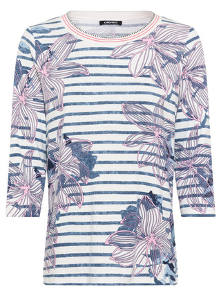Olsen Striped Floral Print Top Blue Pink Hannah - MMJs Fashion