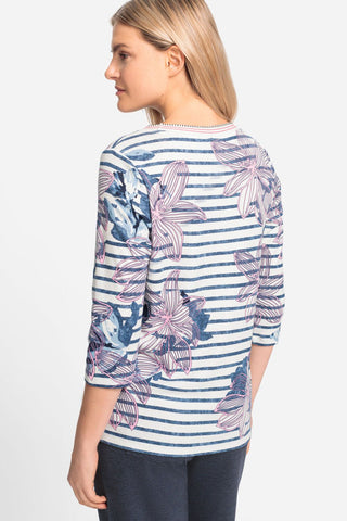 Olsen Striped Floral Print Top Blue Pink Hannah - MMJs Fashion