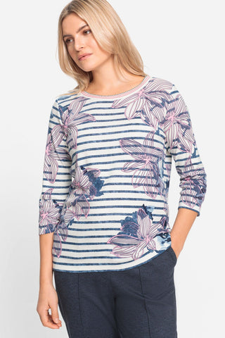 Olsen Striped Floral Print Top Blue Pink Hannah - MMJs Fashion