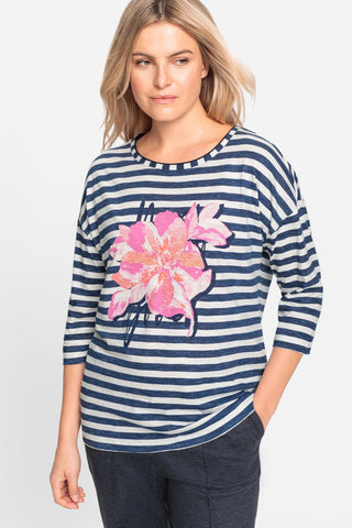 Olsen Striped Flower Print Top Blue Cosima - MMJs Fashion