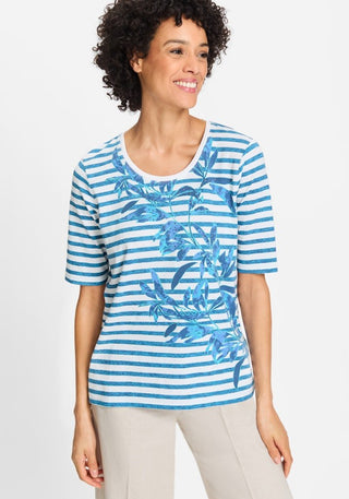 Olsen Striped Leaf Print Top Blue Hannah - MMJs Fashion
