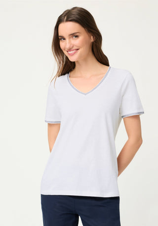 Olsen V - Neck Blue Trim Top White Hannah - MMJs Fashion