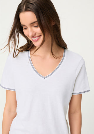 Olsen V - Neck Blue Trim Top White Hannah - MMJs Fashion
