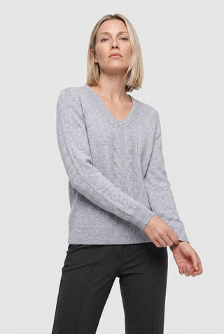 Olsen V-Neck Cable Knit Jumper Grey Melange - MMJs Fashion