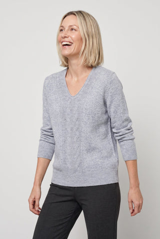 Olsen V-Neck Cable Knit Jumper Grey Melange - MMJs Fashion