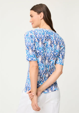 Olsen V - Neck Print Top Blue White Edda - MMJs Fashion
