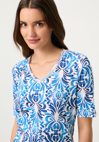 Olsen V - Neck Print Top Blue White Edda - MMJs Fashion