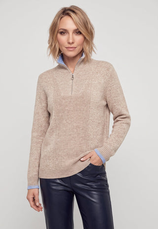 Olsen Zip Neck Rib Knit Jumper Hazelnut Beige Henny - MMJs Fashion