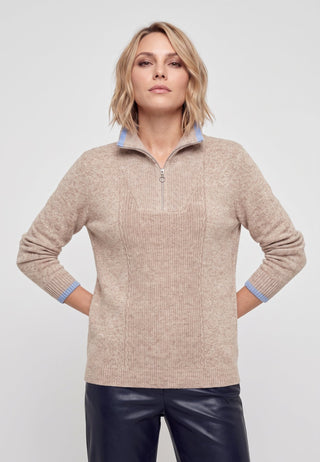 Olsen Zip Neck Rib Knit Jumper Hazelnut Beige Henny - MMJs Fashion