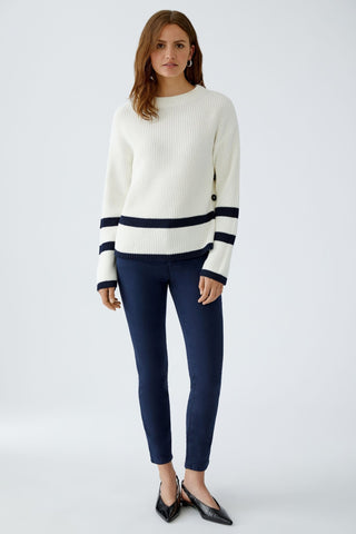 Oui Button Detail Stripe Jumper Ivory Blue Viniah - MMJs Fashion