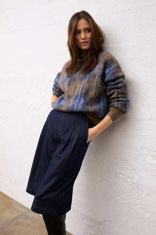 Oui Check Pattern Jumper Brown Blue - MMJs Fashion