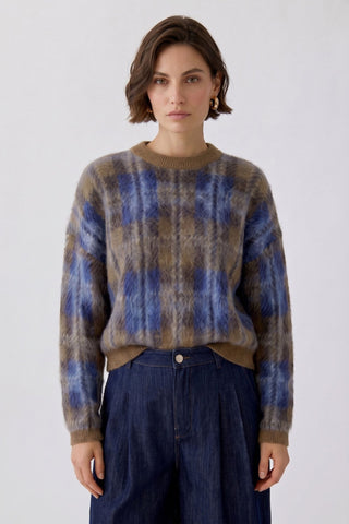 Oui Check Pattern Jumper Brown Blue - MMJs Fashion