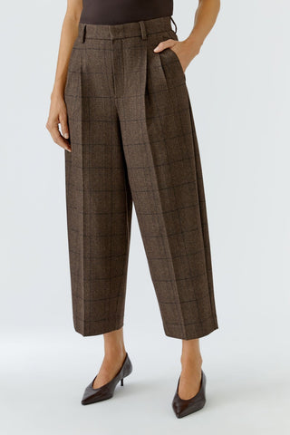 Oui Check Pleat Front Trousers Brown - MMJs Fashion