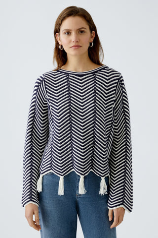 Oui Chevron Knit Jumper with Tassels Blue White - MMJs Fashion