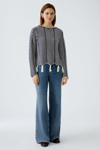 Oui Chevron Knit Jumper with Tassels Blue White - MMJs Fashion
