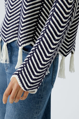 Oui Chevron Knit Jumper with Tassels Blue White - MMJs Fashion