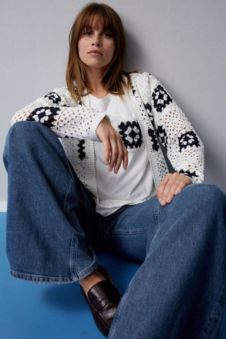 Oui Crotchet Knit Cardigan White Blue - MMJs Fashion