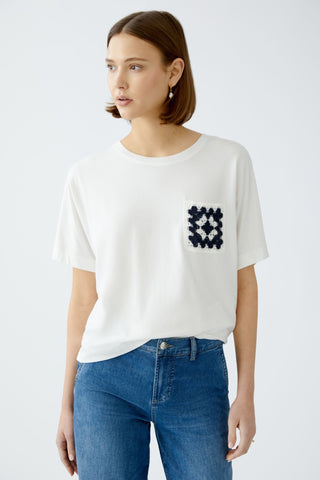 Oui Crotchet Knit Pocket Top White Blue - MMJs Fashion