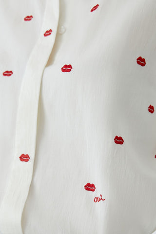 Oui Embroidered Lip Motif Blouse White Red - MMJs Fashion