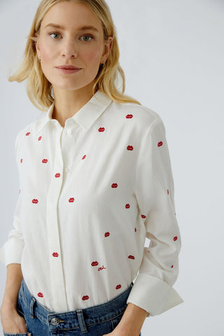 Oui Embroidered Lip Motif Blouse White Red - MMJs Fashion