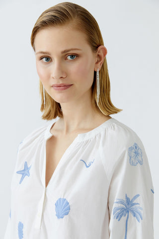 Oui Embroidered Pattern Blouse White Blue - MMJs Fashion